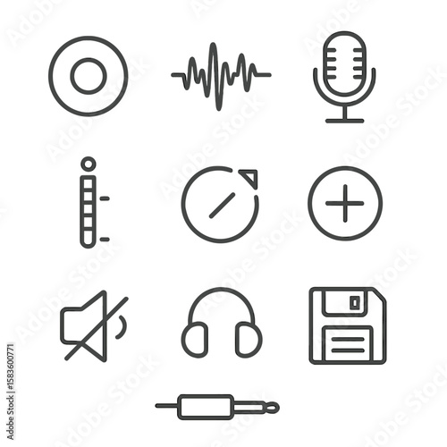Audio Recording Icons. Line style icons of Audio Recording: record button, track waveform, mic level meter, recording arm icon,
