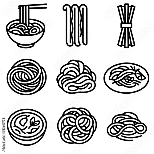 Asian Noodles Icons. Line style icons of Asian Noodles silhouette: ramen bowl, udon strands, soba bundle, rice vermicelli, lo mein
