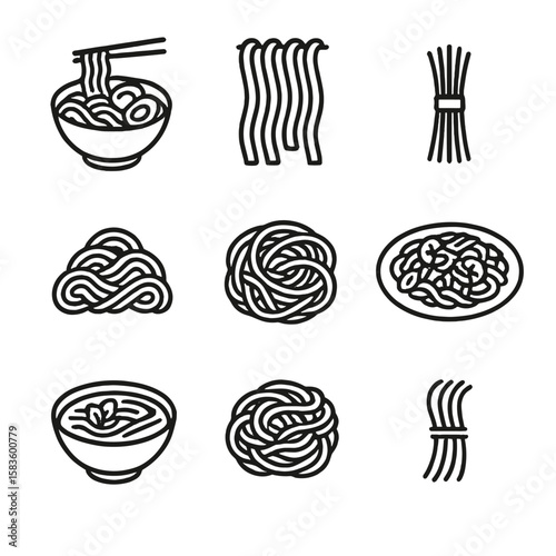 Asian Noodles Icons. Line style icons of Asian Noodles silhouette: ramen bowl, udon strands, soba bundle, rice vermicelli, lo mein