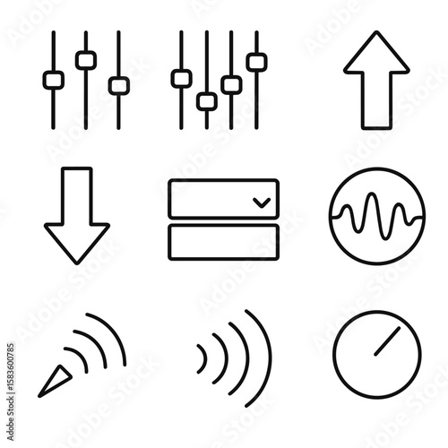 Audio Effects Icons. Line style icons of Equalizer & Effects: 3-band EQ sliders, 5-band EQ sliders, boost arrow, cut arrow, preset