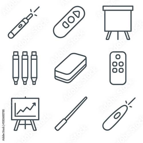 Presentation Tool Icons. Line style icons of Presentation Tools: laser pointer, clicker remote, flip chart pad, dry-erase marker