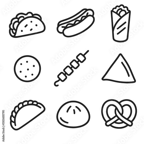Savory Street Food Icons. Line style icons of Savory Street Food silhouette: taco shell, hot dog, shawarma wrap, falafel ball,