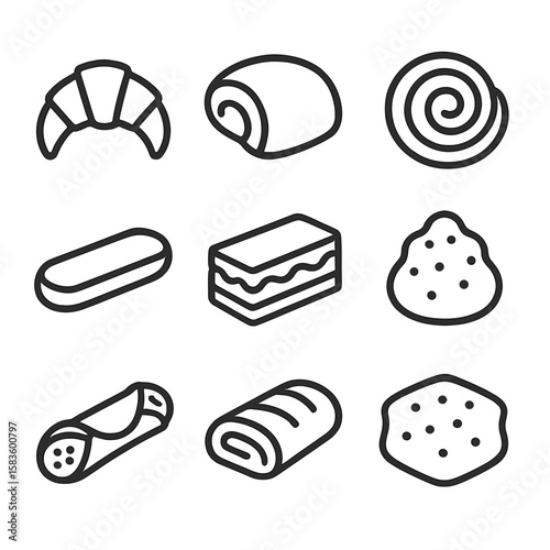 Decadent Pastry Icons. Line style icons of Decadent Pastries silhouette: croissant, pain au chocolat, Danish swirl, eclair,