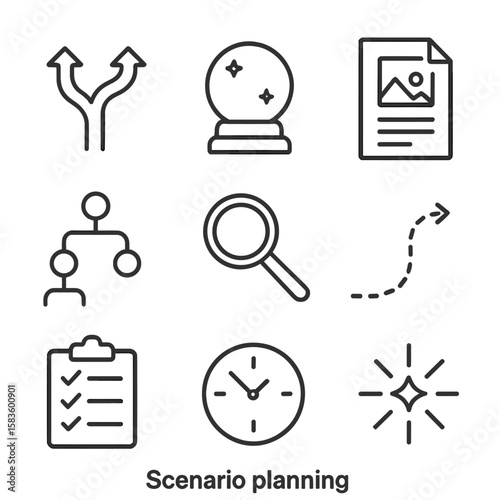 Scenario Planning Icons. Line style icons of Scenario Planning: branching paths, crystal ball, scenario document, decision tree,