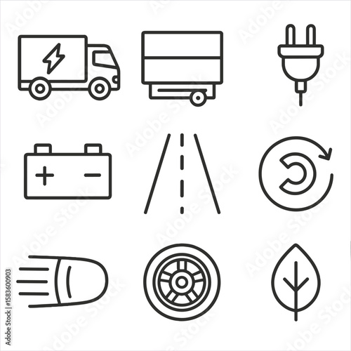 E-Truck Line Icons. Line style icons of E-Trucks: electric truck body, cargo box, charging plug, battery module, highway icon,