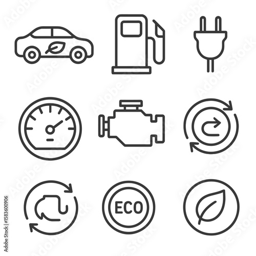 Hybrid Vehicle Icons. Line style icons of Hybrid Vehicles: hybrid car body, gas pump icon, electric plug, battery icon, fuel gauge