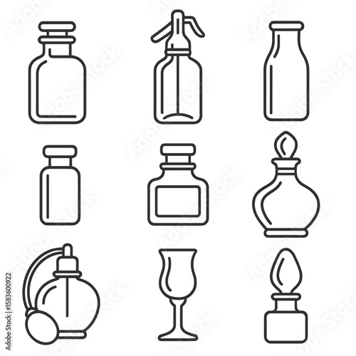 Vintage Bottle Icons. Line style icons of Vintage Bottles: apothecary bottle, soda siphon, milk bottle, medicine vial, ink bottle,