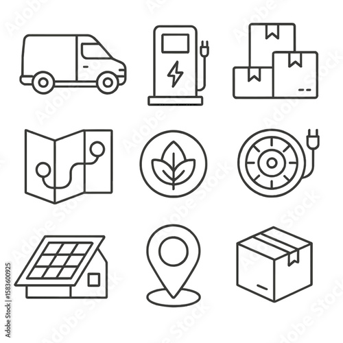 Green Logistics Icons. Line style icons of Green Logistics Fleet: delivery van, charging station, package stack, route map, eco