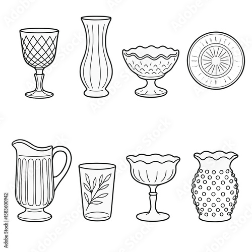 Vintage Glassware Icons. Line style icons of Vintage Glassware: cut glass goblet, milk glass vase, carnival glass bowl, depression