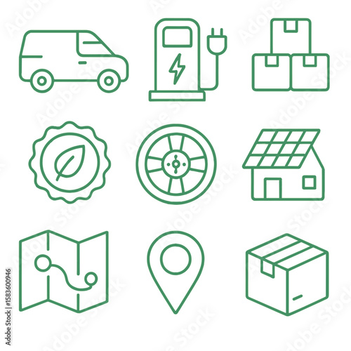 Green Logistics Icons. Line style icons of Green Logistics Fleet: delivery van, charging station, package stack, route map, eco