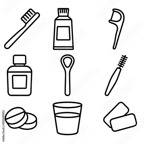 Oral Hygiene Icons. Line style icons of Oral Hygiene Set: toothbrush, toothpaste tube, floss pick, mouthwash bottle, tongue
