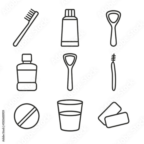 Oral Hygiene Icons. Line style icons of Oral Hygiene Set: toothbrush, toothpaste tube, floss pick, mouthwash bottle, tongue