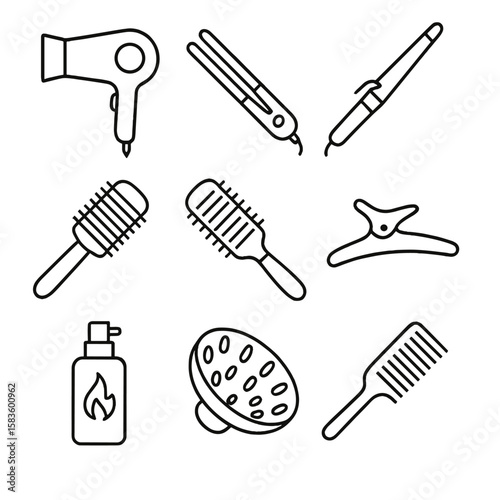 Hair Styling Icons. Line style icons of Hair Styling Tools: hair dryer, flat iron, curling wand, round brush, vent brush,