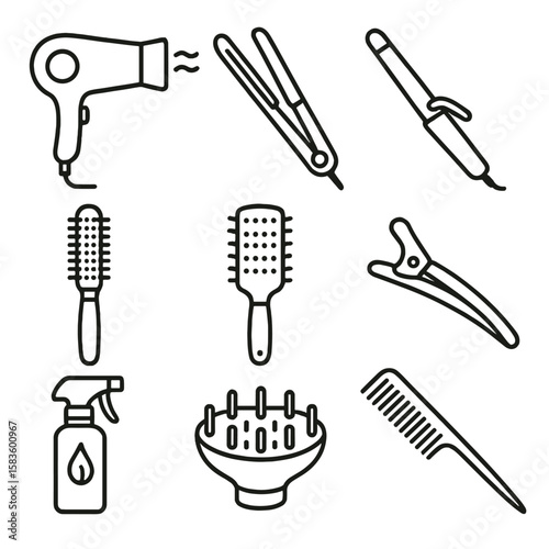 Hair Styling Icons. Line style icons of Hair Styling Tools: hair dryer, flat iron, curling wand, round brush, vent brush,