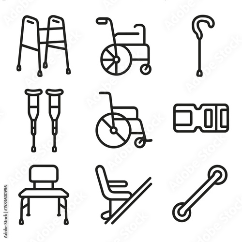 Elderly Mobility Icons. Line style icons of Elderly Mobility Aids: walker frame, rollator seat, cane handle, wheelchair silhouette