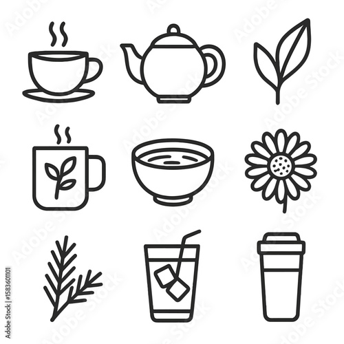 Tea Icon Collection. Line style icons of Tea Varieties: green tea cup, black tea pot, oolong leaf, herbal infusion mug, matcha