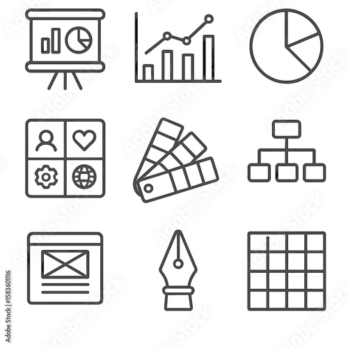 Visual Communication Icons. Line style icons of Visual Communication: presentation board, infographic chart, pie graph, icon set,