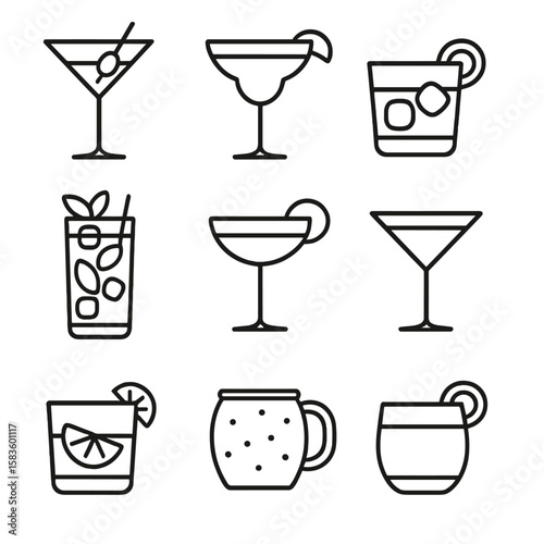 Classic Cocktail Icons. Line style icons of Cocktail Classics: martini glass, margarita coupe, old fashioned tumbler, mojito