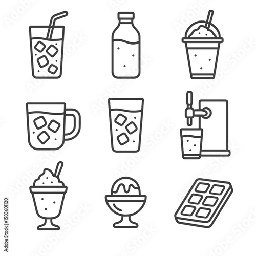 Iced Coffee Icons. Line style icons of Iced Coffee Creations: iced latte glass, cold brew bottle, frappé cup, iced mocha mug, iced