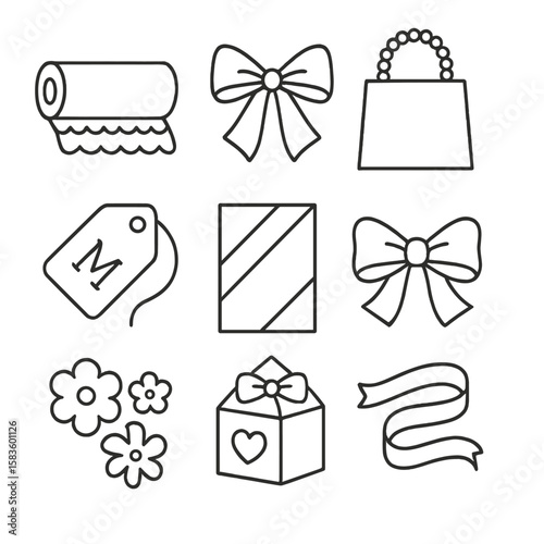 Wedding Gift Icons. Line style icons of Wedding Gift Presentation: white lace wrap roll, ivory organza ribbon, pearl-handle bag,