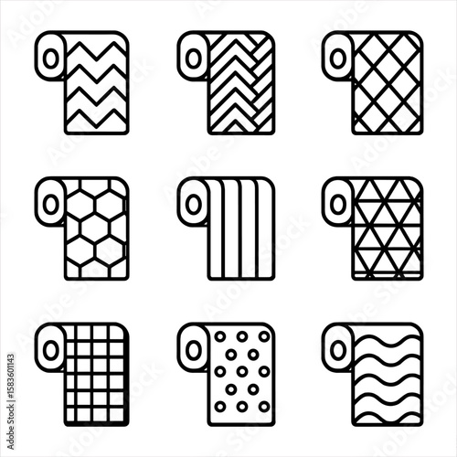Geometric Pattern Icons. Line style icons of Geometric Pattern Wrap: chevron wrap roll, herringbone wrap, diamond-pattern wrap,