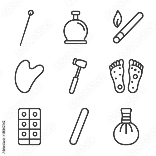 Alternative Medicine Icons. Line style icons of Alternative Medicine Tools: acupuncture needle, cupping set, moxa stick, gua sha