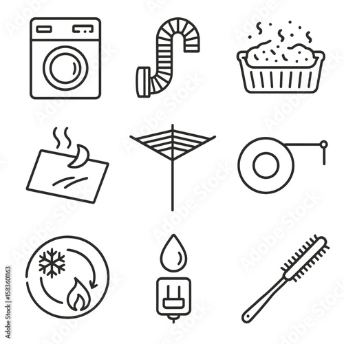 Drying Solutions Icons. Line style icons of Drying Solutions: tumble dryer, vent hose, lint trap, dryer sheet, rotary drying rack,