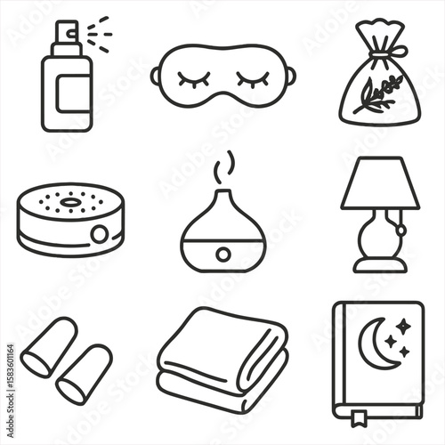 Relaxation Icons Collection. Line style icons of Relaxation & Sleep Aids: pillow mist spray, sleep mask, lavender sachet bag,