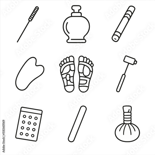 Alternative Medicine Icons. Line style icons of Alternative Medicine Tools: acupuncture needle, cupping set, moxa stick, gua sha