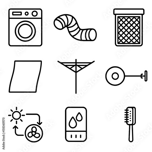 Drying Solutions Icons. Line style icons of Drying Solutions: tumble dryer, vent hose, lint trap, dryer sheet, rotary drying rack,