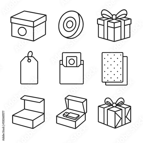 Corporate Gift Icons. Line style icons of Corporate Gift Packaging: branded box, logo sticker, corporate ribbon, metallic tag,