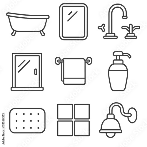 Bathroom Design Icons. Line style icons of Bathroom Design: freestanding tub, vanity mirror, faucet set, glass shower door, towel
