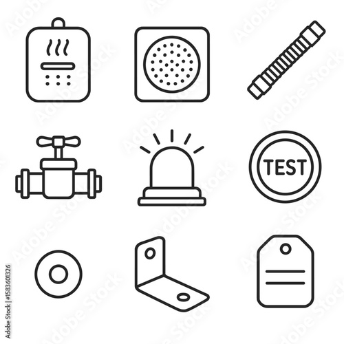 Gas Leak Detection Icons. Line style icons of Gas Leak Detection & Alarms: gas detector, LPG sensor, flexible hose, shutoff valve,