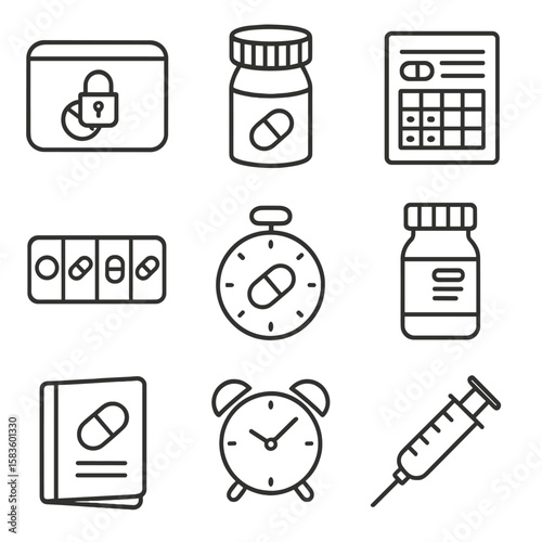 Medication Safety Icons. Line style icons of Medication Safety & Organization: lockable pillbox, child-resistant cap, medication