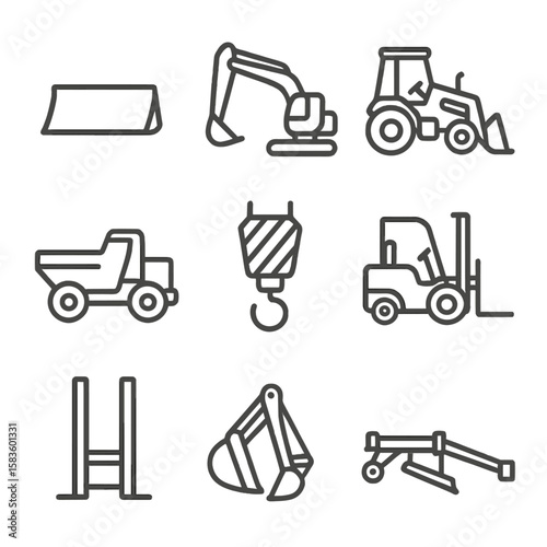 Heavy Equipment Icons. Line style icons of Heavy Equipment & Machinery: bulldozer blade, excavator arm, wheel loader, dump truck,