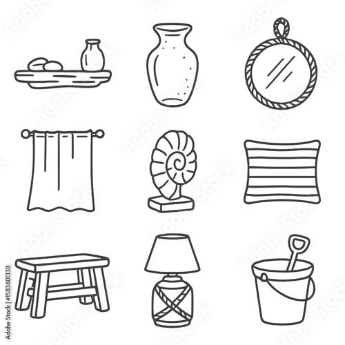 Coastal Decor Icons. Line style icons of Coastal Home Decor: driftwood shelf, sea glass vase, rope mirror, linen curtain, shell