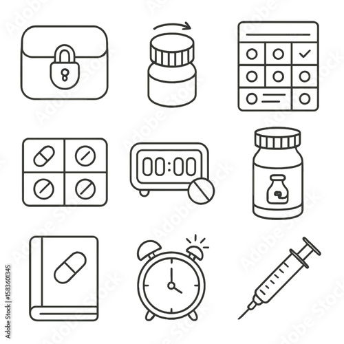 Medication Safety Icons. Line style icons of Medication Safety & Organization: lockable pillbox, child-resistant cap, medication