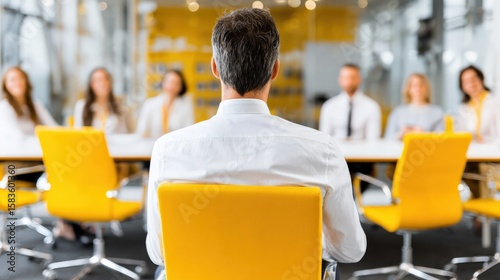 A man in a white shirt sits facing a panel of six people during a formal interview or meeting in a modern office with vibrant yellow chairs.