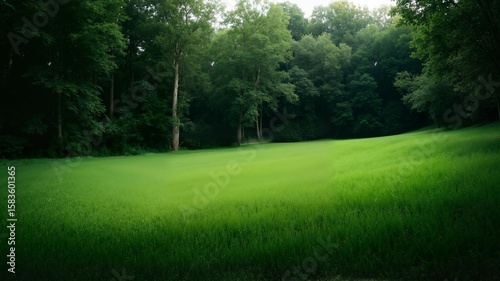 A field of green grass surrounded by trees