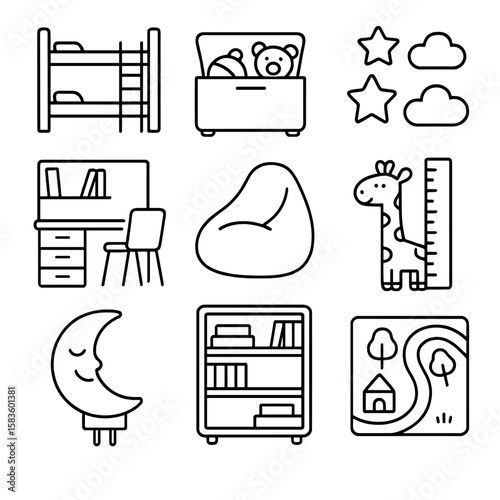 Kids' Room Icons. Line style icons of Kids’ Room Decor: bunk bed, toy chest, wall decals, study desk, beanbag chair, growth chart,