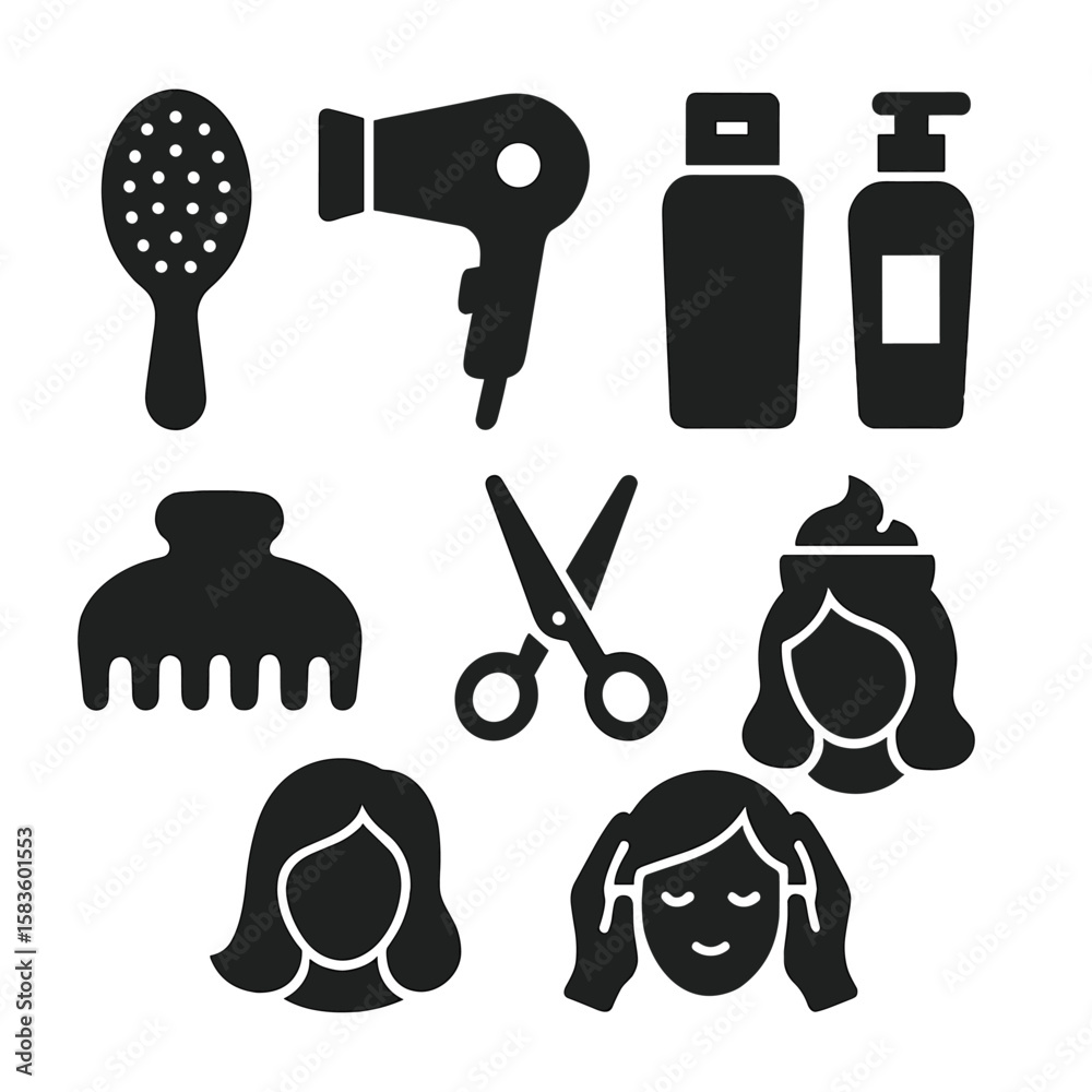 Obraz premium Hair Care Icons. Solid style icons of hair care: hairbrush, hairdryer, shampoo, conditioner, hair clip, scissors, hair mask, scalp