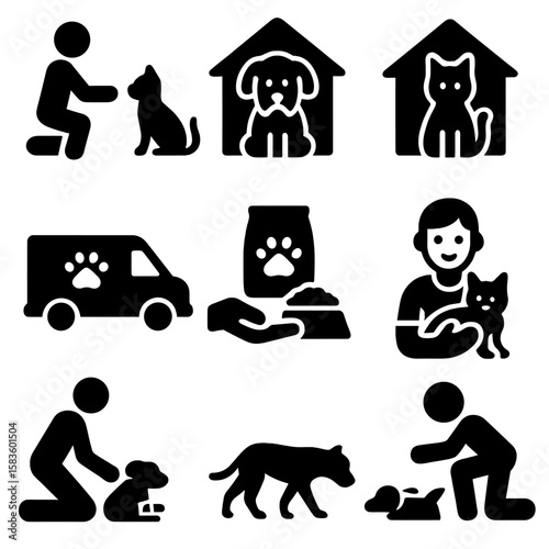 Animal Rescue Icons. Solid style icons of animal rescue: pet adoption, shelter dog, shelter cat, rescue van, animal food aid, pet
