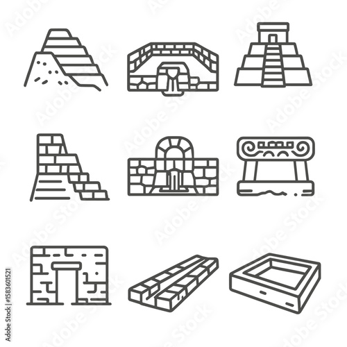 South American Site Icons. Line style icons of South American Sites: terraced hillside, stone plaza, temple platform, stairway