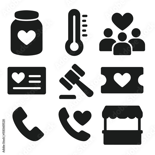Nonprofit Fundraising Icons. Solid style icons of nonprofit fundraising: donation jar, fundraising thermometer, charity event,