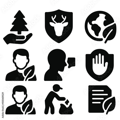 Eco Campaign Icons. Solid style icons of eco campaigns: save the forest, protect wildlife, earth day badge, green pledge, eco