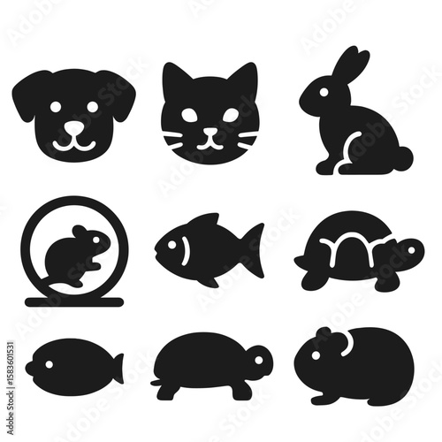 Solid Pet Icons. Solid style icons of pet types: dog face, cat face, parrot on perch, rabbit sitting, hamster in wheel, aquarium