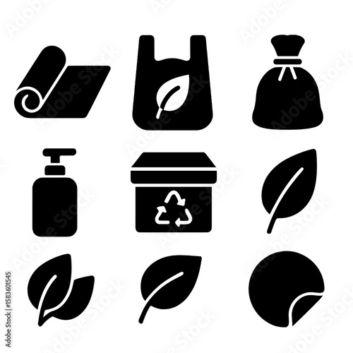 Eco-Friendly Packaging Icons. Solid style icons of eco packaging: paper wrap, biodegradable bag, glass bottle, fabric pouch,