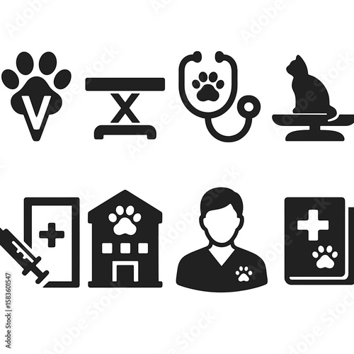 Vet Clinic Icons. Solid style icons of vet clinic: vet symbol, exam table, stethoscope with paw, pet scale, vaccination room,