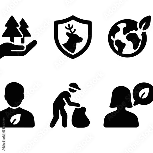 Eco Campaign Icons. Solid style icons of eco campaigns: save the forest, protect wildlife, earth day badge, green pledge, eco
