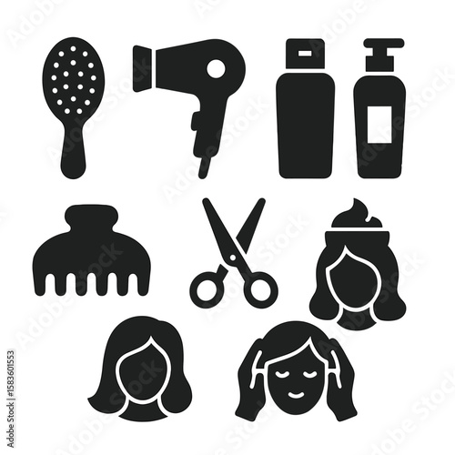 Hair Care Icons. Solid style icons of hair care: hairbrush, hairdryer, shampoo, conditioner, hair clip, scissors, hair mask, scalp